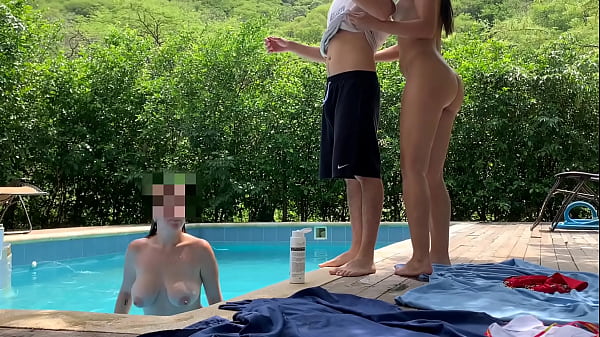 While I'm cleaning the pool my boss and his sister get naked and they get me naked too for some fun