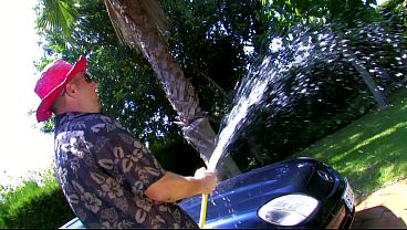 The neighbor MILF gets watered with the hose and fucked with the cock
