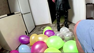 Strict Leather Balloon Punishment. Balloon Popping, Deepthroat, Doggy and Cum Play prew