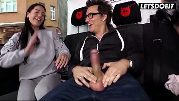Magic Wand Pressed on His Balls... She Strokes His Hard Cock in the Van
