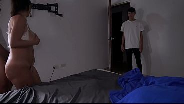 MILF stepmom has a midnight threesome with her two young stepsons