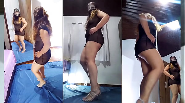 Undressing, black transparent dress and crystal panties