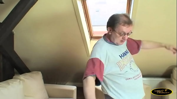 The old man does gymnastics to lose weight and the girl in a miniskirt helps him with a fuck