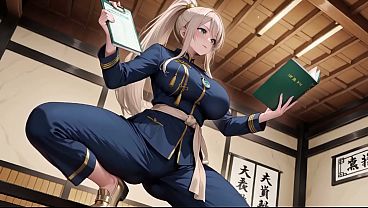AI generated-Blonde Samurai in Deep Blue Do-Over! Kneeling in the Japanese Corridor, High Slit Showing Off Her Tender Ass. She Holds a Katana But Eyes Are Lost... Who Can Handle This Contrast?