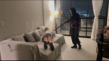 A masked stranger ties me up by the neck and makes me suck on her strap-on.