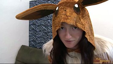 The girl in cosplay as an eevee and her trainer come to terms after ballbusting