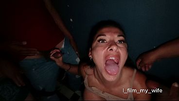 I film my wife in a public blowbang, gangbang, bukkake, and anal creampie at a porn theater