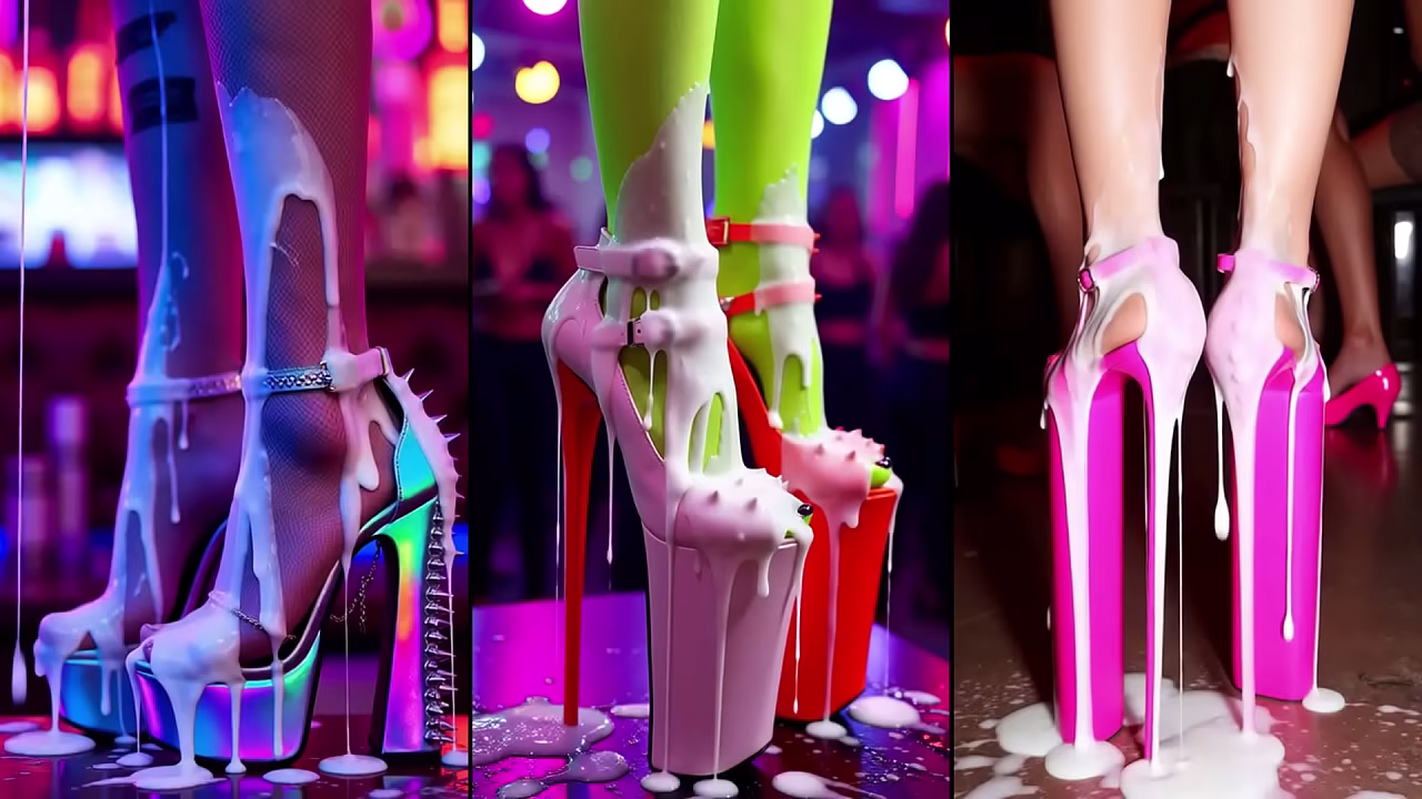 Hot Legs in hot heels on a counter in a nightclub with cum on legs, feet and high-heels