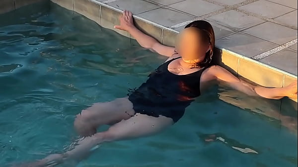 At the pool, beautiful stepmom takes out her tits in public, needs cock