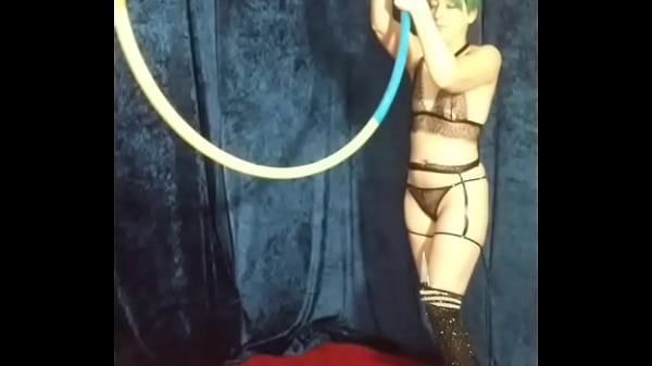 black sheer lingerie messing around on aerial hoop rubbing boobs body worship