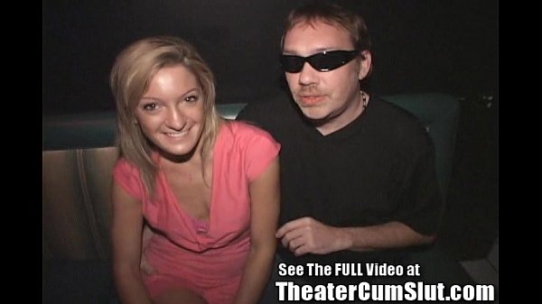 Petite blonde Ellie fucks strangers in a porn theater