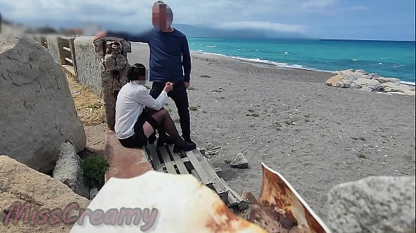 Dick Flash! Risky Blowjob on Beach: Stocking Teacher and Student Almost Caught! - MissCreamy