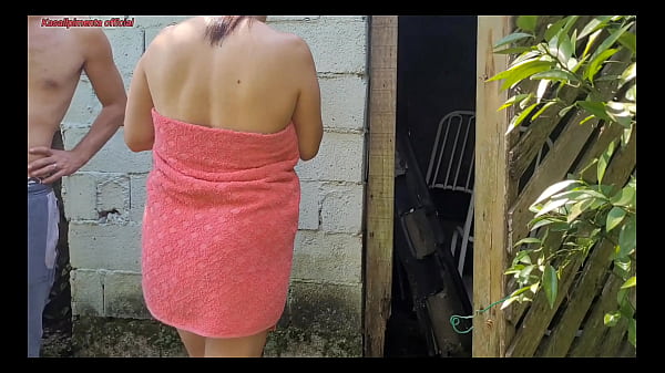 Shower doesn't work, married woman asks the farm's caretaker for help using only a towel and pays with sex