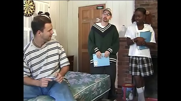 Chocolate skin babe gets hardcore threesome with two white dicks