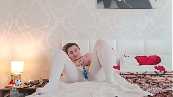 Sexy big boobs white pantyhose plays with dildo and he caught and put the dick on her mouth