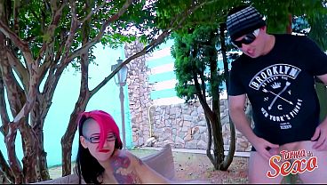 Two Men in Mila Spook: A pink-haired alt girl having a blast in an interracial ménage à trois.