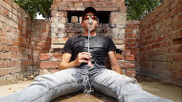 Glistening outdoor piss and cum in slow motion