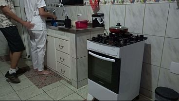 Maid had her ass used while washing dishes.