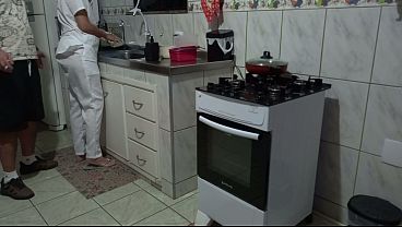 Maid had her ass used while washing dishes.