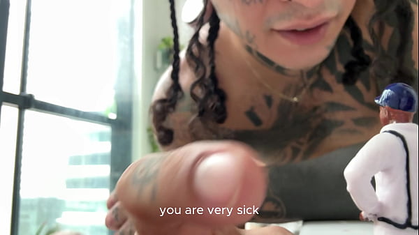 Giant finishes exercising and masturbates in front of tiny human