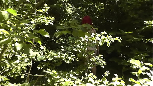 Summer Halloween. Outdoor outside in nature in forest naked MILF scared random passerby man.