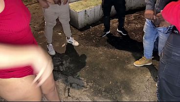 A cuckolded husband made a challenge with his blonde, slutty hotwife who loves to show off her pussy - to fuck with several strangers in the middle of the street - complete in red.