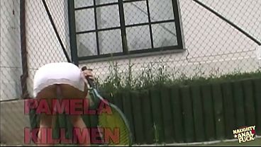 Hot blonde Pamela Killmen gets all sweaty after a tennis game and joins a threesome.