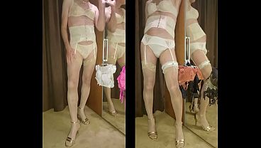 Crossdresser wearing white waste shaper