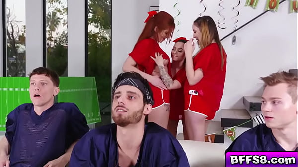 Sexy horny babes giving the lucky stud a big triple scores