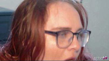 Curvy Redhead Bitch with Glasses get Interracial Amateur Creampie Sex after Rimming his Ass