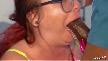Curvy Redhead Bitch with Glasses get Interracial Amateur Creampie Sex after Rimming his Ass