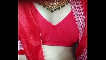 Indian Gay Crossdresser Bottom Gaurisissy Pressing And Playing With Her Big Boobs In Red Saree With Heavy Jwellery