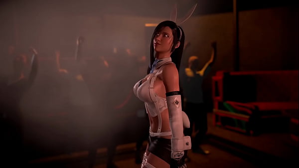 Naughty shapely Tifa in bunny outfit public dancing for her bar visitors