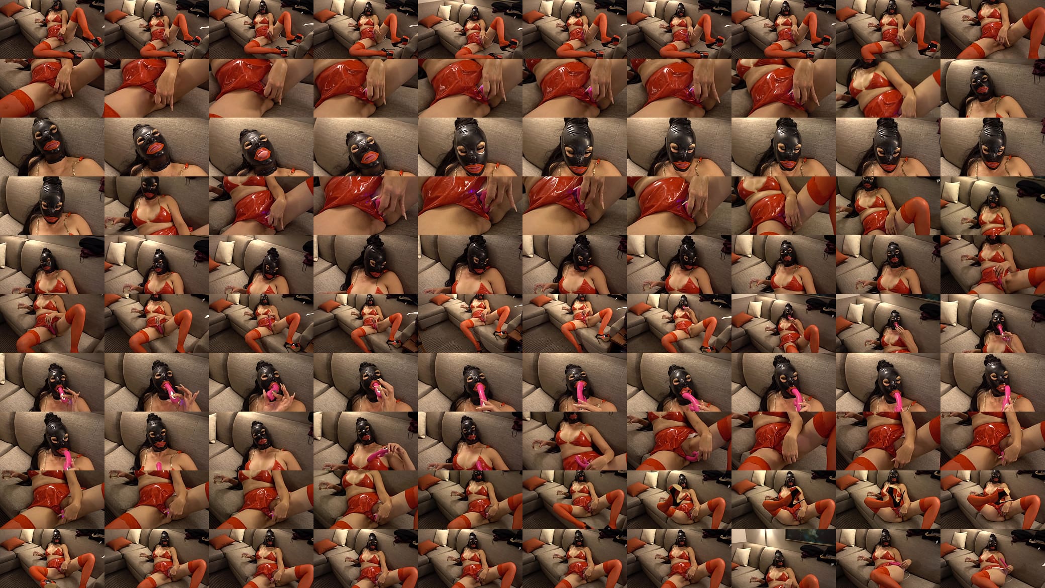 sumisa hot wife masturbandose pidiendo verga y que no la dejen de filmar mientras usa una mascara de latex, minifalda roja y tacones altos 预览图
