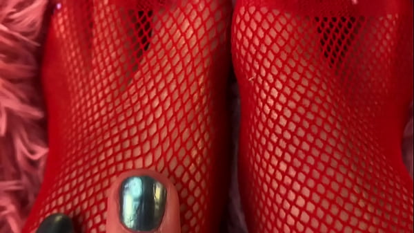 Lady in red lingerie plays with her puffy wet pussy