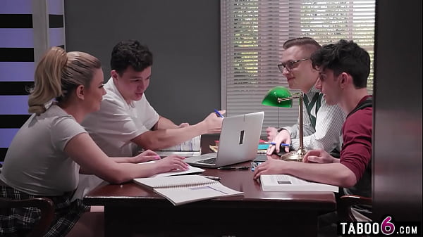 Download Video - Blonde teen Heather Honey gangbang with DP fuck in a library