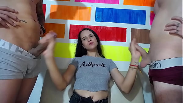 skinny with a sweet tooth sucks two big cocks