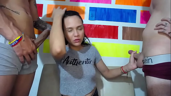 skinny with a sweet tooth sucks two big cocks