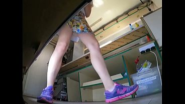 Hot and stupid girl in mini skirt and sexy panties secretly upskirted at work by her naughty boss - voyeur pov