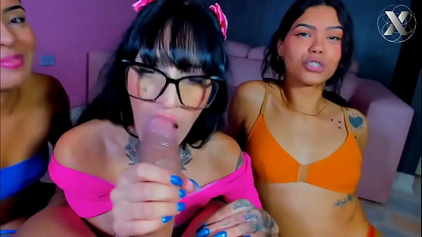Download Video - 3 beautiful Latinas give blowjobs to a big cock in POV - the girl with glasses won't stop sucking it