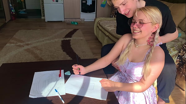 A shy student could not resist the tutor and took his dick in her mouth