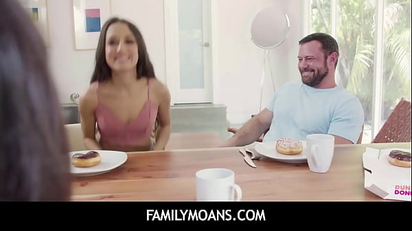 FamilyMoans  -  Sexy hot busty stepmom Carmela Clutch under the table giving Sergeant Miles blowjob and rides his dick