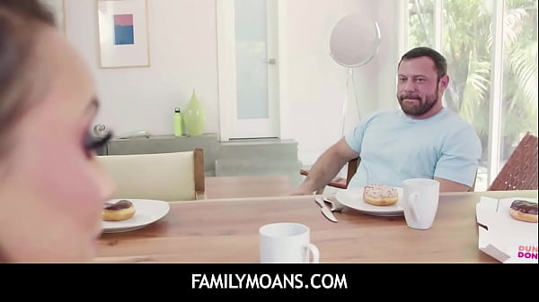 FamilyMoans  -  Sexy hot busty stepmom Carmela Clutch under the table giving Sergeant Miles blowjob and rides his dick