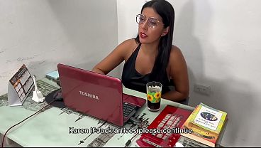 Big-titted MILF interviews her stepson for a webcam job and ends up banging him in her office.