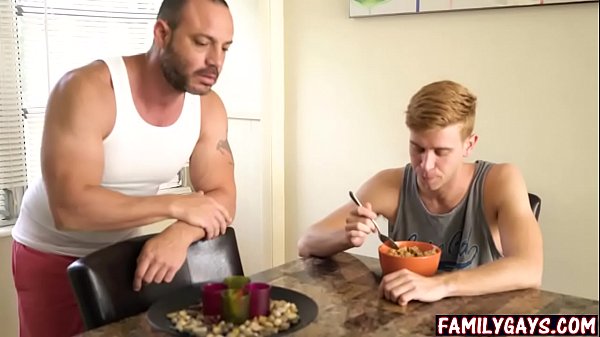 Stepfather and stepson having gay sex in the ba...