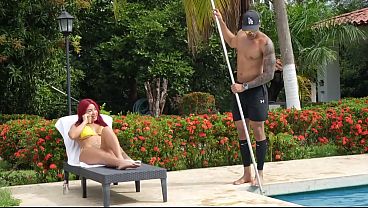 The guy who cleans the pool has a delicious BBC!! I can't resist and end up riding his huge cock - Alejandra Palacios