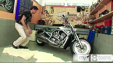 MY18TEENS Tiny Teen Sucking Huge Cock and Cowgirl in the garage