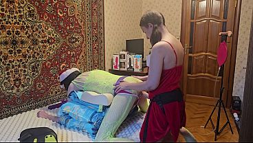 Snow Maiden dominatrix woman fuck with sex toy strapon cute submissive man amateur homemade