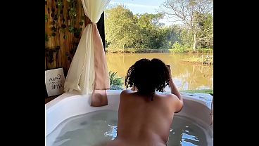 Naked Farting in Bathtub while Reading Chubby Girl Nature View Relax