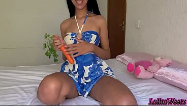You won't believe where she stuck that carrot! Naughty schoolgirl having sex with vegetables.